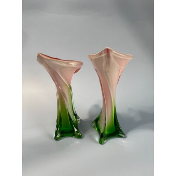 Pair Of Vintage Murano Jack In The Pulpit Calla Lily Vases Italy 8" & 9" - Picture 6 of 9